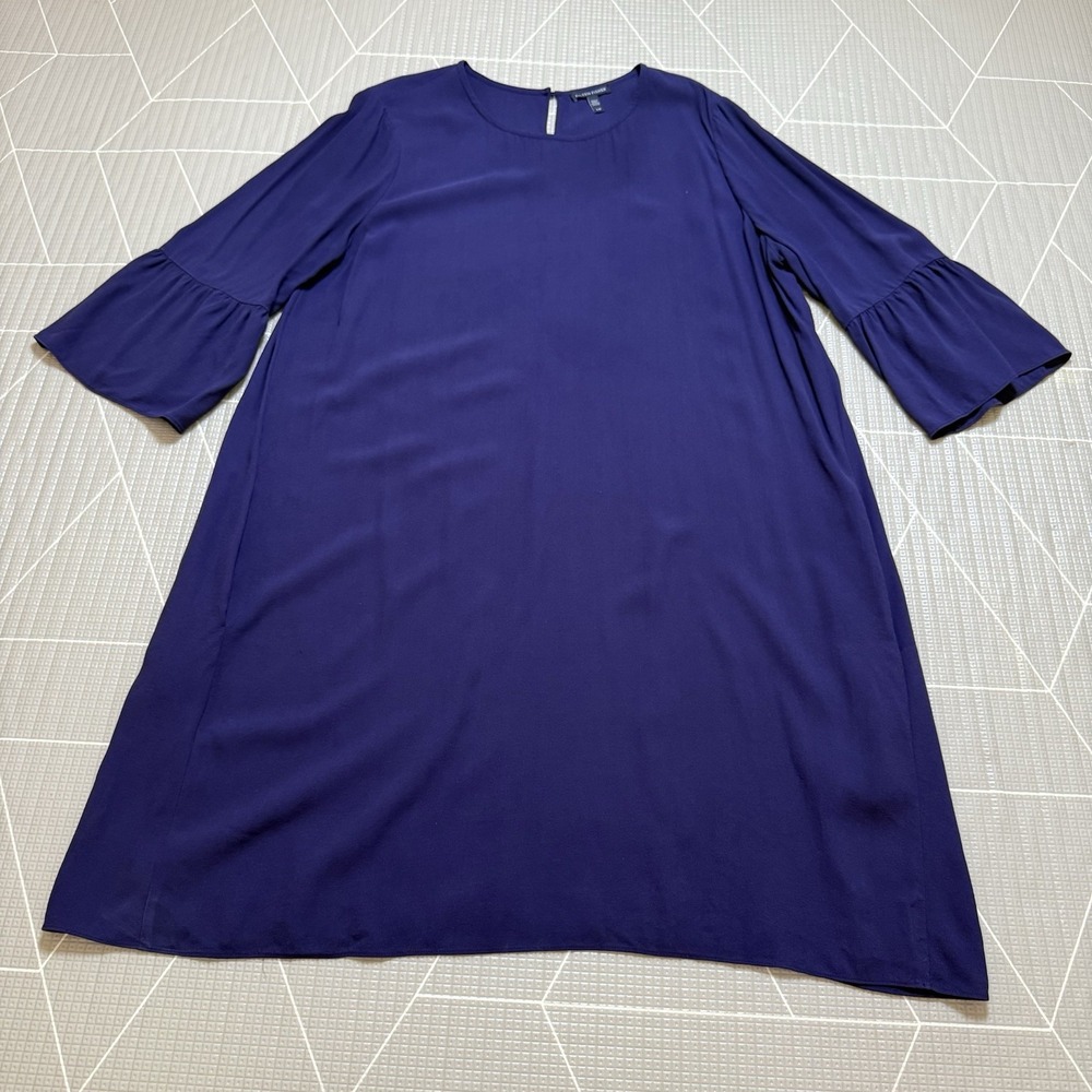 Eileen Fisher 100% Silk Shift Dress L Dark Purple 3/4 Sleeve Elegant Luxury